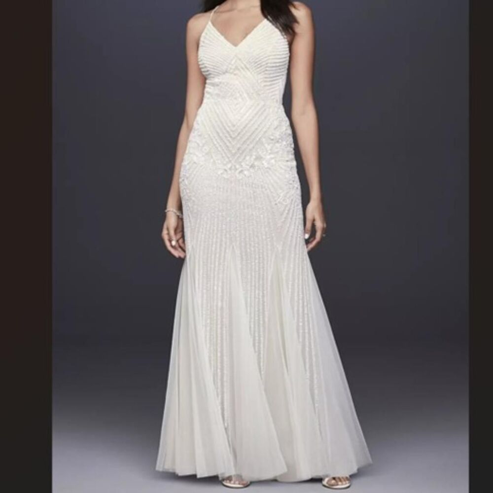 Romantic Beaded Sheath V-Neck Mermaid Maxi Wedding Dress Godets Ivory/Oyster 4 - Picture 8 of 8